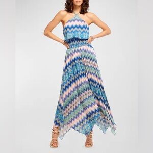 Ramy Brook Giana Handkerchief Hem Midi Dress in Spring Navy Chevron Print XS NWT